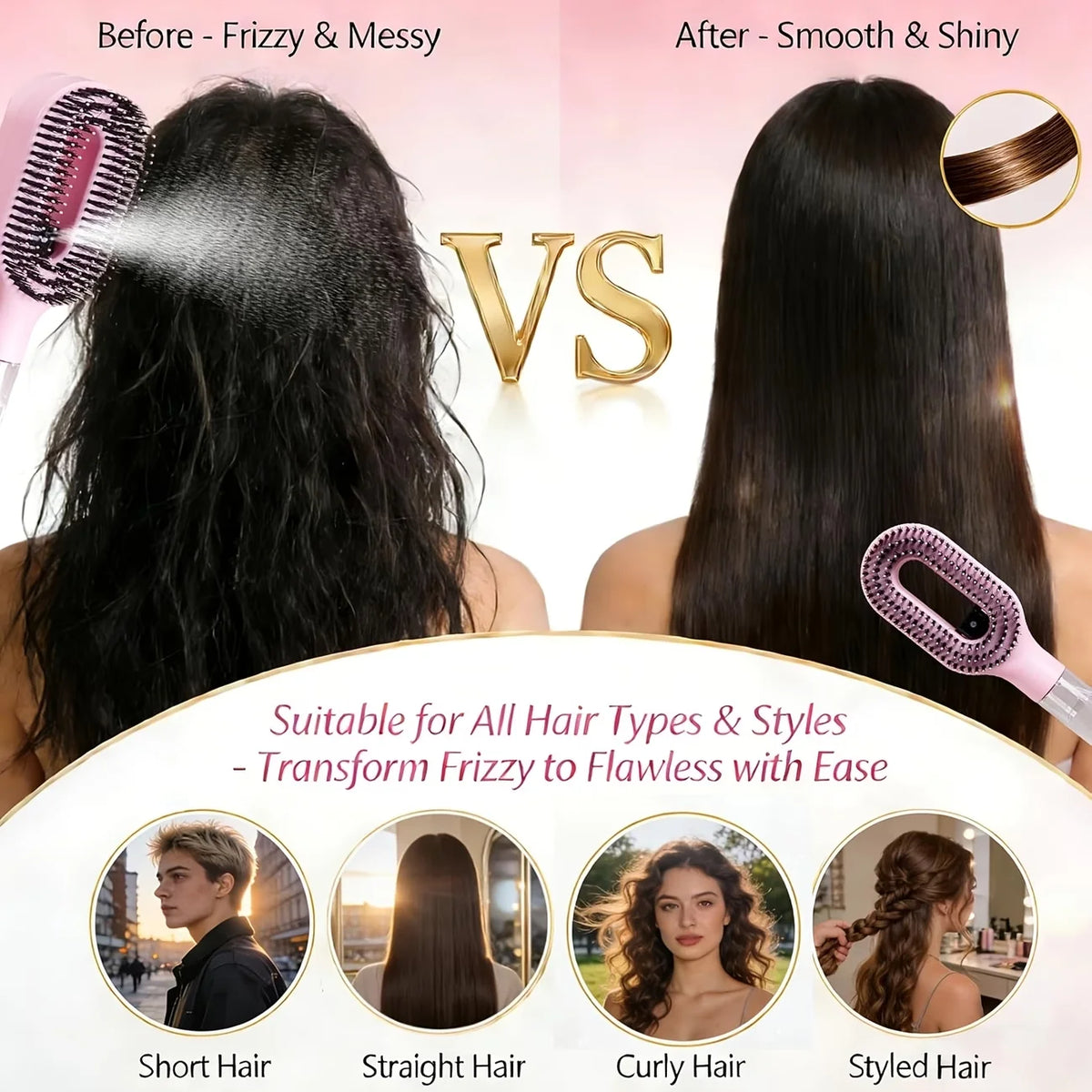 One-Click Spray Detangling Comb, Fine Mist No Dripping Anti-Flyaway Anti-Frizz Spray Styling Brush for All Hair Types