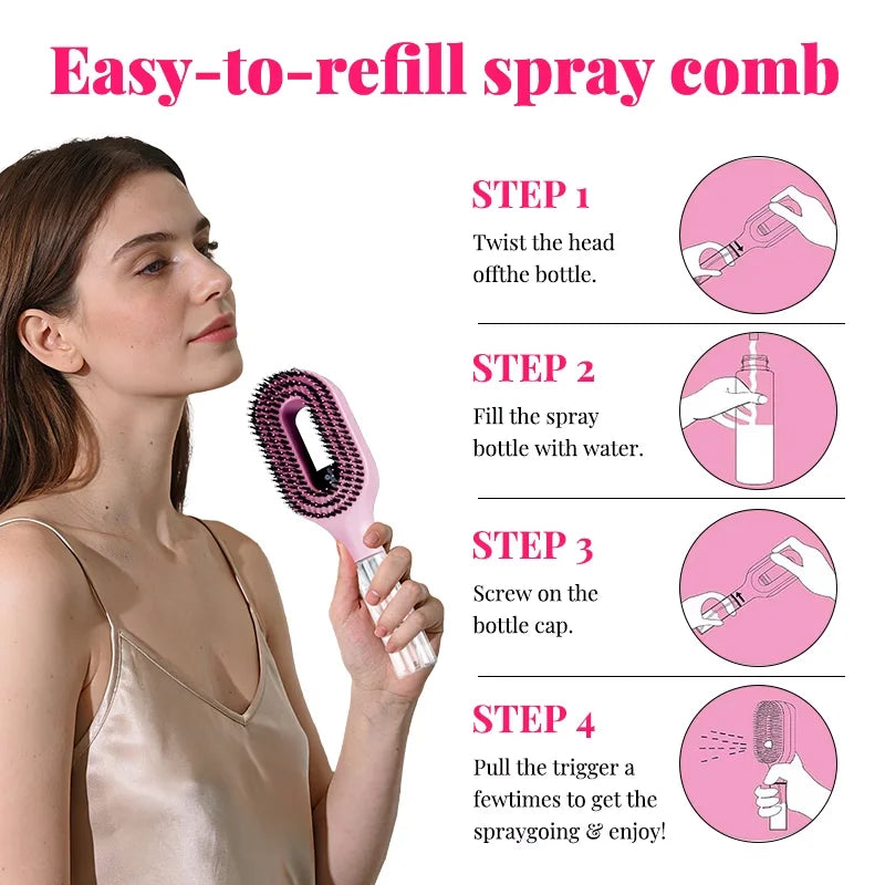One-Click Spray Detangling Comb, Fine Mist No Dripping Anti-Flyaway Anti-Frizz Spray Styling Brush for All Hair Types